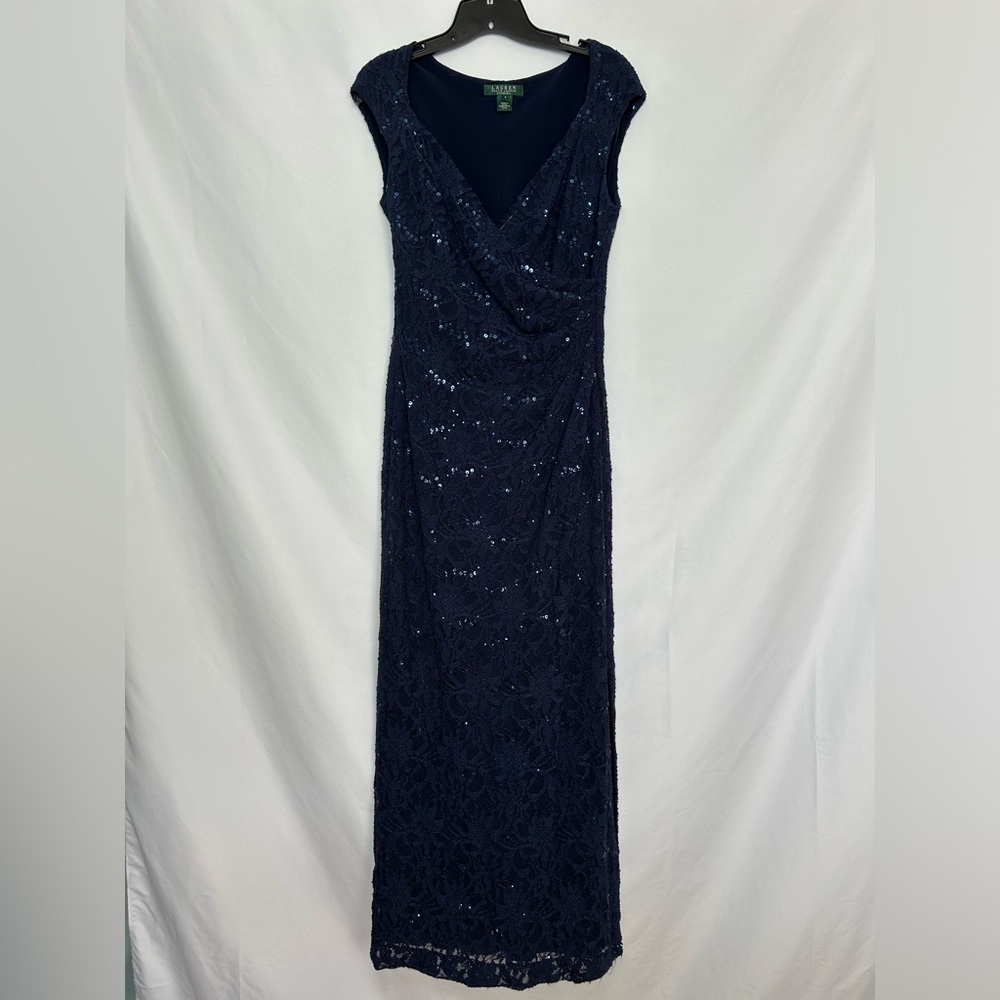 Lauren Ralph Lauren Evening‎ Full Length Navy Blue Lace and Beaded Dress